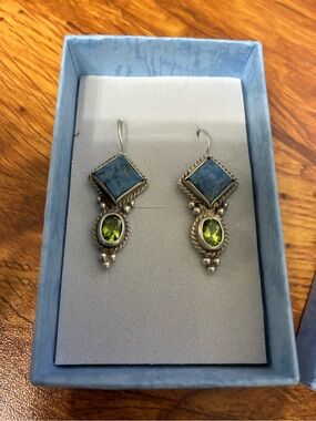 Sterling Drop Earrings with Blue and Peridot-Green Gemstones